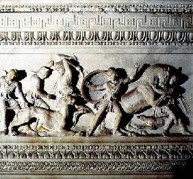 Alexander Sarcophagusdetail of soldiers attacking a lion c.325-300