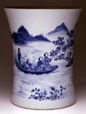 Blue and White Brushpot, painted with ladies in a punt, Chinese,Transitional period c.1640