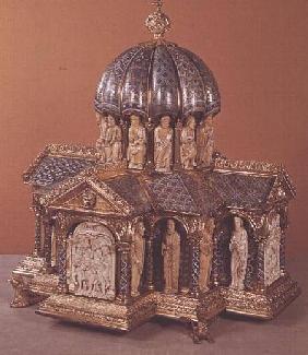 The Eltenberg Reliquary, copper-gilt, enriched with champleve enamel,and set with ivory carvings 2nd half o