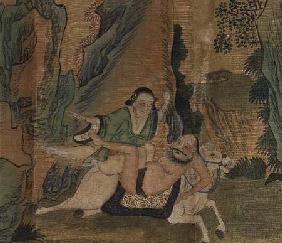 Erotic depiction of lovers; the woman whipping the horse that they sit on into a fast gallop, from a Tao-kuang