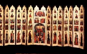 Fifteen-section icon screen with scenes from the Life of Christ and Saints 16th centu