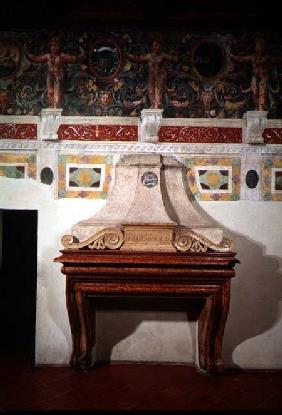 Marble fireplace bearing the initials 'F.II.M.M.V' signifying Federigo Gonzaga II Marchese of Mantua 1528