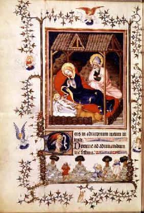 Nouv Lat 3093 f.42 Nativity and Visitation of the shepherds from Duc de Berry's Tres Belle Heures begun c.13