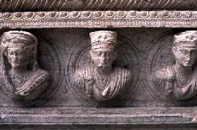 Three Palmyrian busts on a sarcophagus probably c