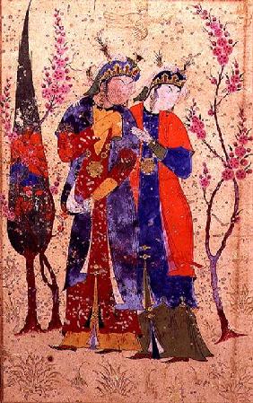 Two princesses in a garden landscape, Persian, Bokhara
