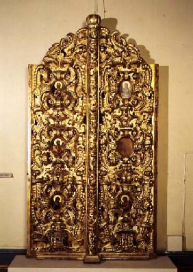 Royal Gates, double-folding altar doors on an iconostasis, decorated with small painted icons, Russi late 17th