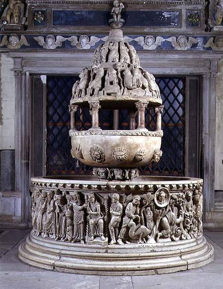 Font in the form of a fountain covered by a tempietto and with carved reliefs depicting the Story of von Anonymus