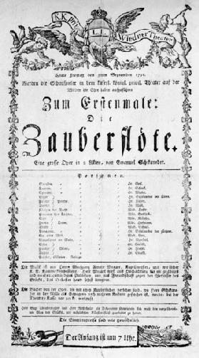 Poster advertising the premiere of 'The Magic Flute' by Wolfgang Amadeus Mozart at the Freihaustheat 1791