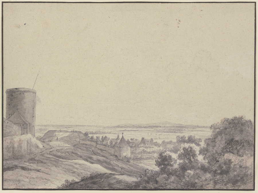 Landschaft, links ein Turm, einige Mauern und Häuser, rechts Gebüsch, Fernsicht von Anthonie Waterloo
