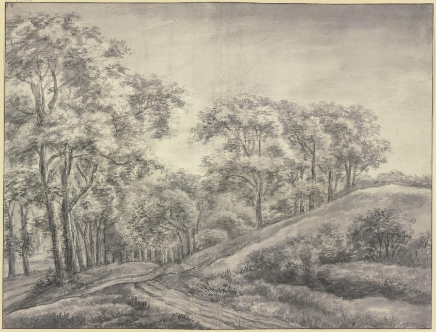 Waldpartie, ein Weg schlängelt sich an einem rechts liegenden baumlosen Hügel vorbei in einen Laubwa von Anthonie Waterloo