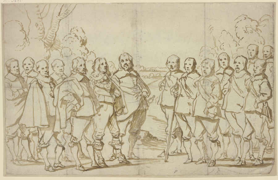 Eine Versammlung von vielen Männern, alle in Schuhen und Strümpfen, nur einer in Stiefeln von Anthonis van Dyck