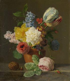 Stillleben mit Blumen und Nüssen. Um 1830   Floral still lifes of the  period are characterised by t