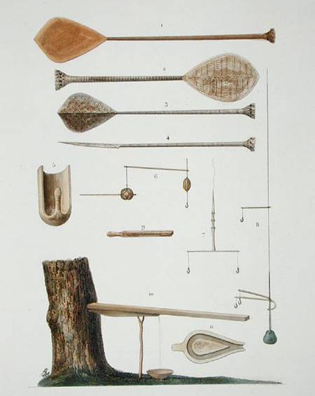 Society Islands: pangas, fishing hooks and other tools, from 'Voyage autour du Monde, executee par O von Antoine Chazal