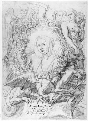 Catherine Monvoisin with the Three Fates on the right and Death on the left (pencil on paper) von Antoine Coypel
