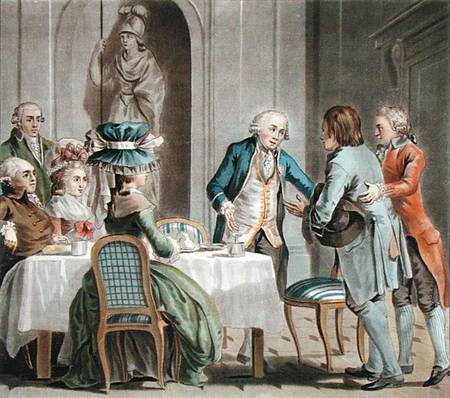 The Comte de Vaux (1705-88) offers food and drink to a farmer, engraved by Jean Baptiste Morret (fl. von Antoine Louis Francois Sergent-Marceau