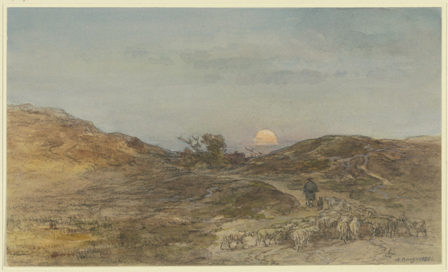 Hohlweg mit Schafherde bei Sonnenuntergang von Anton Burger