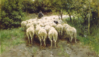 Ziehende Schafherde im Wald von Anton Mauve