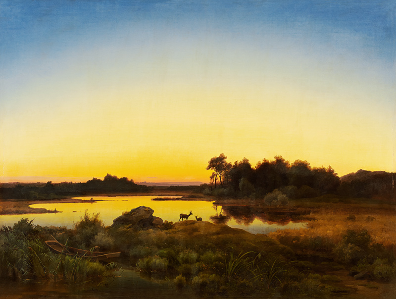 Rehe in Landschaft mit Sonnenuntergang von Anton Zwengauer