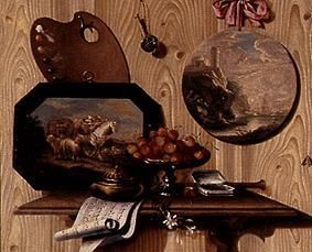 Trompe-l'Oeil: Schale mit Kirschen, Dose, Notenblatt, Palette und zwei Bildern von Antonio Mara
