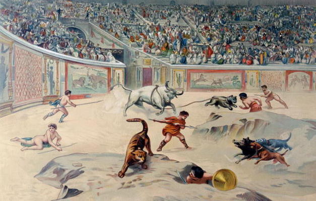 Gladiators Fighting Animals in the circus at Pompeii (colour litho) von Antonio Niccolini