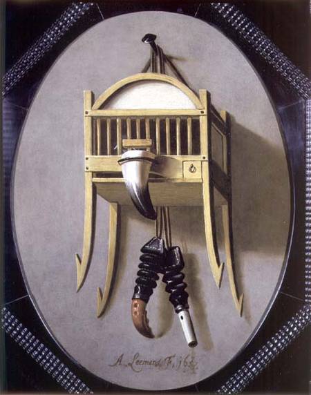 Trompe L'Oeil with a fowler's bird cage and whistle von Antonius Leemans