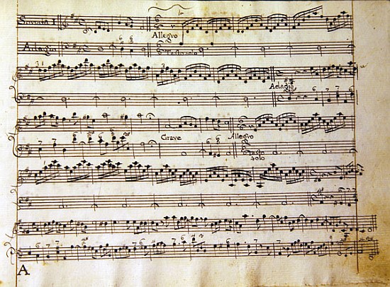 Manuscript page from the score of Opus V, ''Sonata for violin, violone, and harpsichord'' von Arcangelo Corelli
