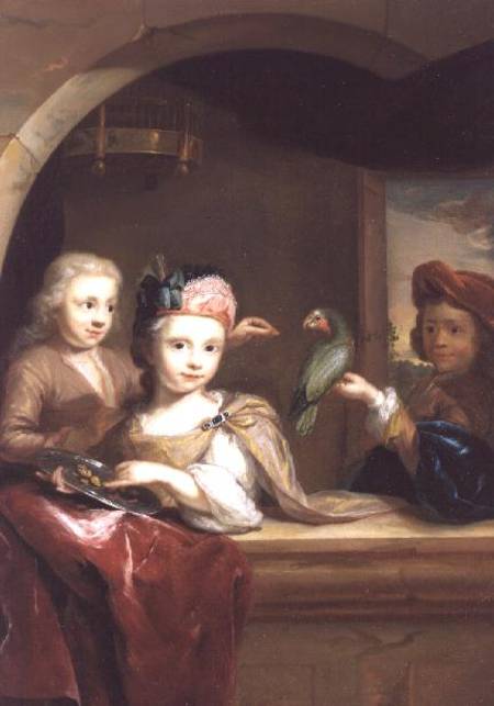 Three Children with a Parrot von Arnold Boonen