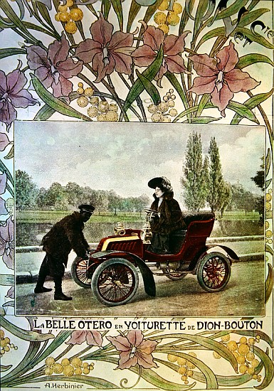 La Belle Otero at the wheel of a De Dion-Bouton car, c.1900 von Arsene Herbinier
