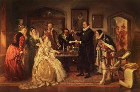 Dr William Gilberd showing his Experiment on Electricity to Queen Elizabeth I and her Co