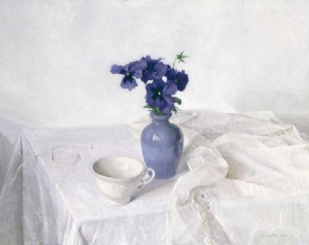 Pansies in a Blue Vase, Still Life 1990
