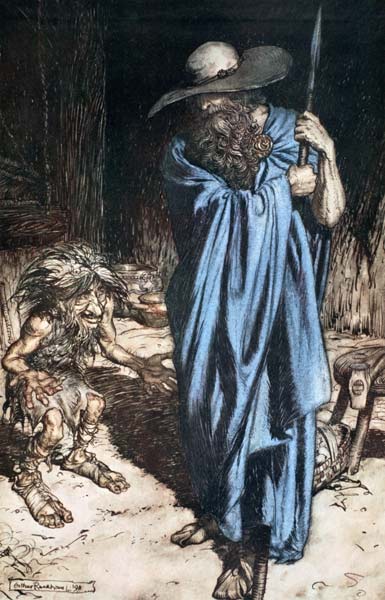 Mime und der Wanderer. Illustration für "Siegfried and The Twilight of the Gods" von Richard Wagner von Arthur Rackham