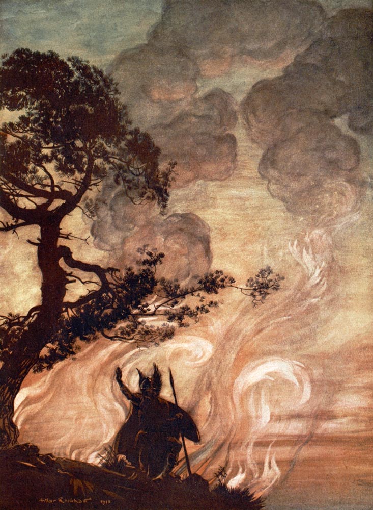 Wotan blickt schmerzlich auf Brünnhilde zurück. Illustration für "The Rhinegold and The Valkyrie" von Arthur Rackham