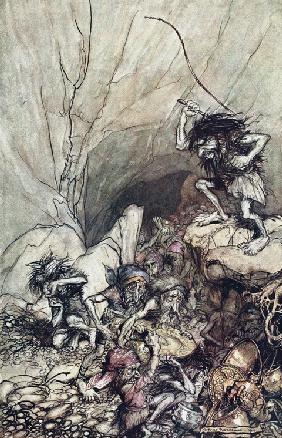 Alberich treibt eine Schar Nibelungen vor sich her. Illustration für "The Rhinegold and The Valkyrie 1910