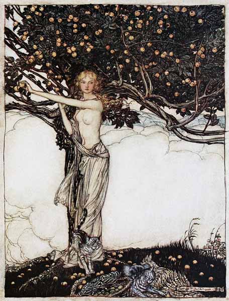 Freia, die gute. Illustration für "The Rhinegold and The Valkyrie" von Richard Wagner von Arthur Rackham