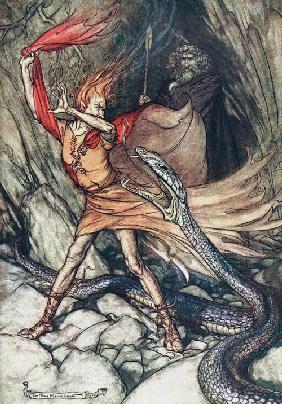 Ohe! Ohe! Schreckliche Schlange, verschlinge mich nicht! Illustration für "The Rhinegold and The Val 1910