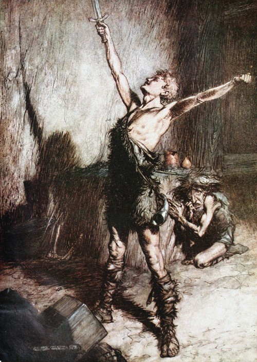 Siegfried schmiedet das Schwert. Illustration für "Siegfried and The Twilight of the Gods" von Richa von Arthur Rackham