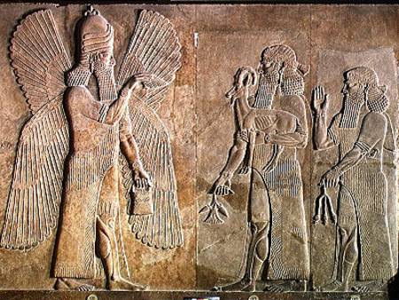 Frieze depicting a winged spirit, a sargon or priest carrying a gazelle and a worshipper carrying a von Assyrian