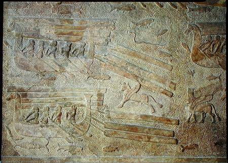 Relief depicting ships transporting wood, from the Palace of Sargon II, Khorsabad, Iraq von Assyrian