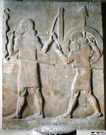 Relief depicting two soldiers carrying the king's war chariot, from the Palace of Sargon II, Khorsab von Assyrian