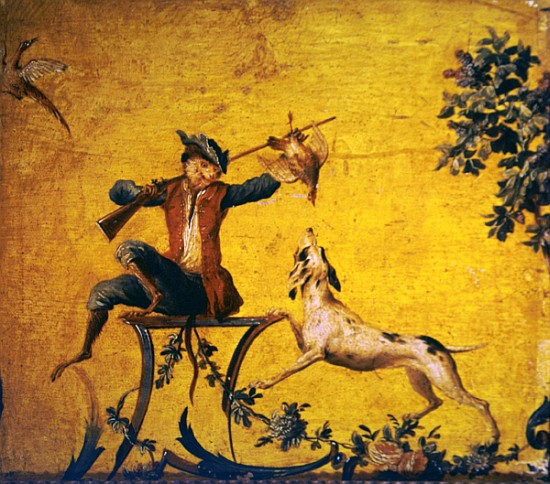 Monkey hunter and hunting dog (painted wood) von (attr. to) Christophe Huet
