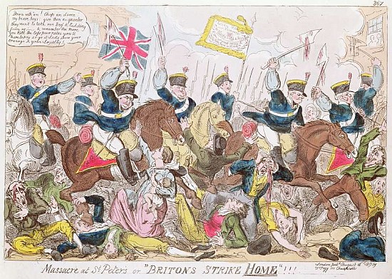 Massacre at St. Peter''s, or ''Britons Strike Home'', pub.  By Thomas Tegg, 1819(b&w photo) von (attr. to) George Cruikshank