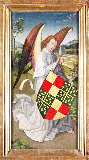 Angel holding a shield emblazoned with the heraldic arms of the de Chaugy and Montagu arms, 1460-66 von (attr. to) Rogier van der Weyden