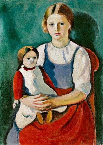 Blondes Mädchen mit Puppe von August Macke