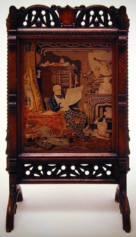 Fire screen with a tapestry depicting a gentleman reading in his drawing room von Augustus Welby Northmore Pugin