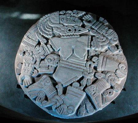 Carving of the dismemberment of the moon goddess Coyolxauhqui, found at the foot of the twin pyramid von Aztec
