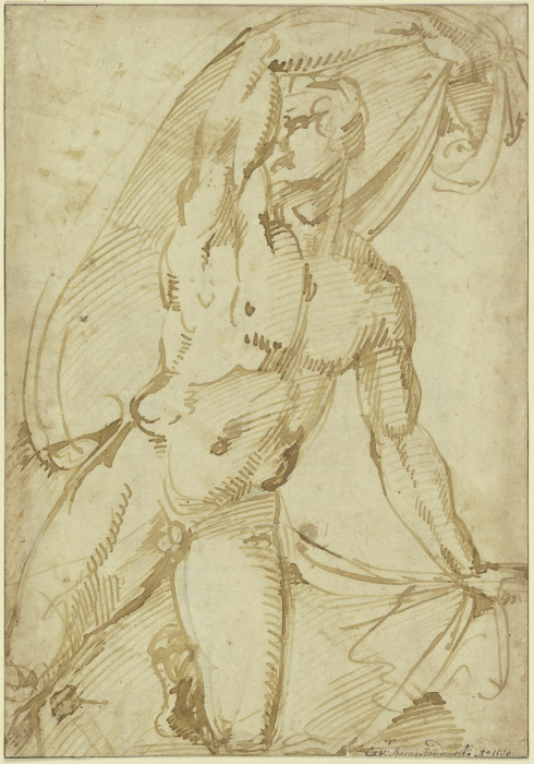 Kniender männlicher Akt, ein Gewand über dem Kopf haltend, nach rechts gewandt von Baccio Bandinelli