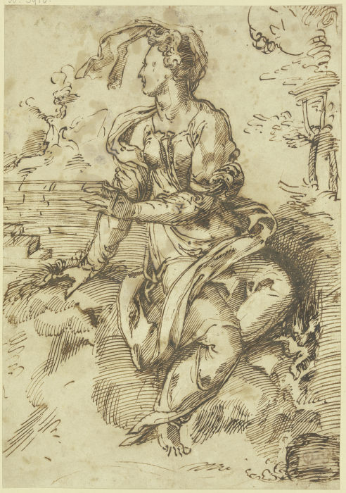 Sitzende Frau mit fliegendem Schleier in einer Landschaft nach links gewandt von Baccio Bandinelli