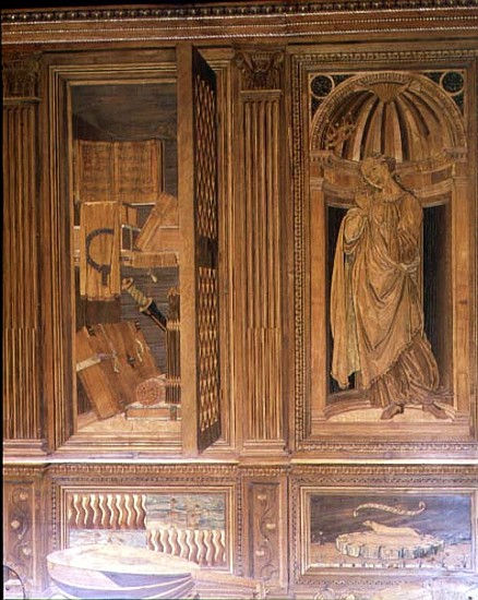 The Study of Federigo da Montefeltro, Duke of Urbino: intarsia panelling depicting (L) an open cupbo von Baccio Pontelli