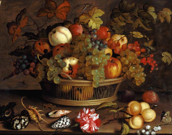 Stillleben mit Trauben, Äpfeln, Pfirsich, Pflaumen und Blumen von Balthasar van der Ast