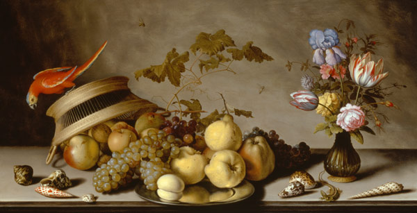 Stilleben mit Birnen, Pfirsichen, Äpfeln auf Zinnplatte von Balthasar van der Ast